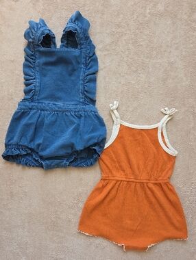 Cat & Jack Blue Ruffle Romper and Orange Tank Romper 18m